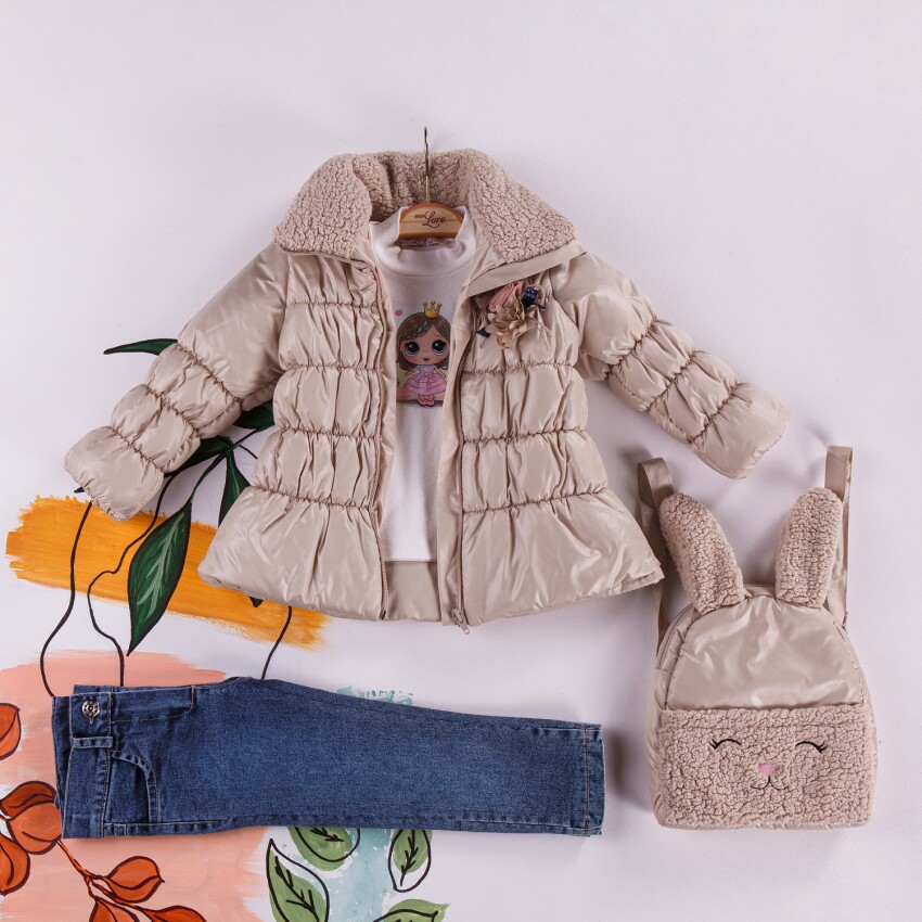 Wholesale 4-Piece Girls Set with Coat, Body, Denim Pants and Bag 2-5Y Miss Lore 1055-5406 - 3