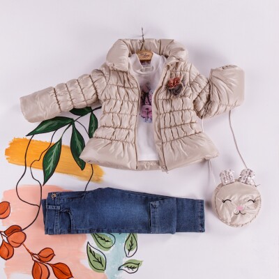 Wholesale 4-Piece Girls Set with Coat, Denim Pants, Body and Bag 2-5Y Miss Lore 1055-5401 - 1