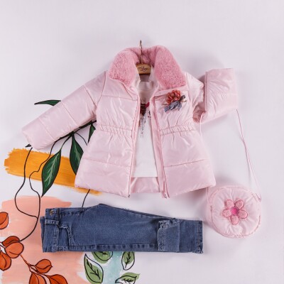 Wholesale 4-Piece Girls Set with Coat, Denim Pants, Body and Bag 2-5Y Miss Lore 1055-5402 - Miss Lore