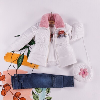 Wholesale 4-Piece Girls Set with Coat, Denim Pants, Body and Bag 2-5Y Miss Lore 1055-5402 Экрю