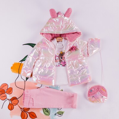 Wholesale 4-Piece Girls Set with Coat, Long Sleeve T-shirt, Pants and Bag 2-5Y Miss Lore 1055-5409 Pink