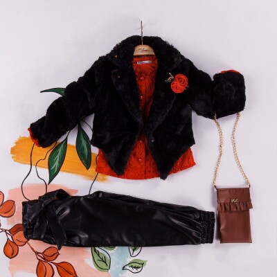 Wholesale 4-Piece Girls Set with Fur Jacket, Laced Blouse, Pants and Bag 2-6Y Miss Lore 1055-5217 - Miss Lore