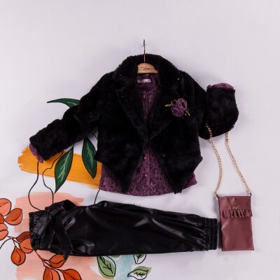 Wholesale 4-Piece Girls Set with Fur Jacket, Laced Blouse, Pants and Bag 2-6Y Miss Lore 1055-5217 - Miss Lore (1)