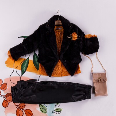 Wholesale 4-Piece Girls Set with Fur Jacket, Laced Blouse, Pants and Bag 2-6Y Miss Lore 1055-5217 Жёлтый 