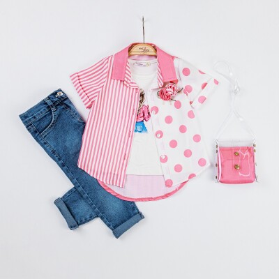 Wholesale 4-Piece Girls Shirt Denim Pants Bag and T-shirt 2-6Y Miss Lore 1055-5319 Pink