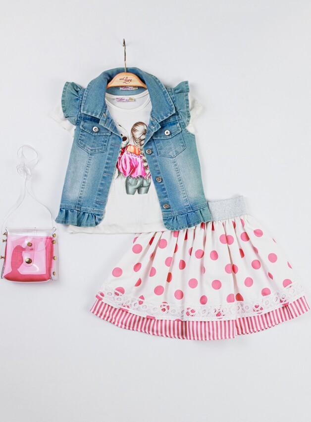 Wholesale 4-Piece Girls Skirt Denim Jacket T-shirt and Bag 2-6Y Miss Lore 1055-5318 - 2