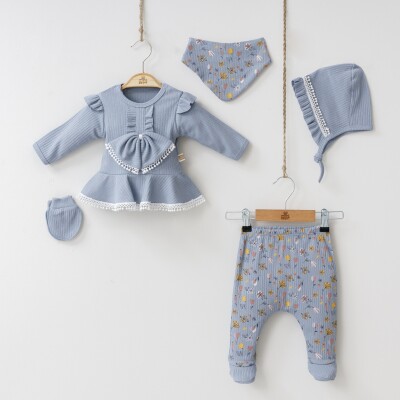 Wholesale 5-Piece Baby Girls Newborn Set Body Pants Hat Bib Glove 0-3M Minizeyn 2014-7043 Blue