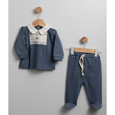 Wholesale Baby Boy 2-Piece Collar Detailed Sweat and Pants Set 0-6M Flexi Baby 2063-217525 - Flexi Baby