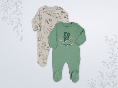 Wholesale Baby Boy Printed 2 Piece Jumpsuit 1-6M Miniworld 1003-18501 Miniworld 1003-18501 Dark green 