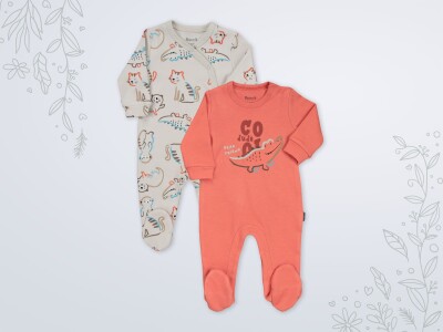 Wholesale Baby Boy Printed 2 Piece Jumpsuit 1-6M Miniworld 1003-18501 Miniworld 1003-18501 Orange Dark