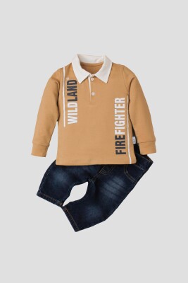 Wholesale Baby Boys 2-Piece Long Sleeve T-Shirt and Denim Pants 9-24M Kidexs 1026-35031 Light Brown 