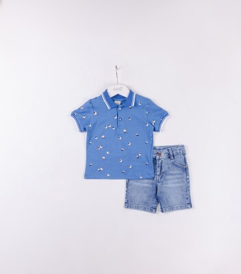 Wholesale Baby Boys 2-Pieces T-shirt and Denim Short Set 9-24M Sani 1068-9928 Sax Mavisi