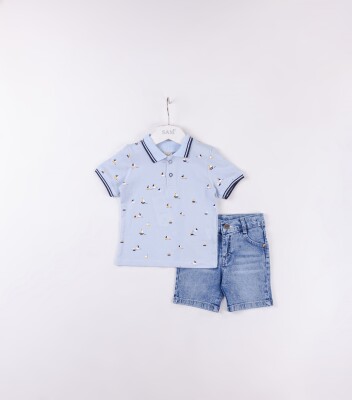 Wholesale Baby Boys 2-Pieces T-shirt and Denim Short Set 9-24M Sani 1068-9928 Açık Mavi