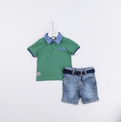 Wholesale Baby Boys 2-Pieces T-shirt and Denim Shorts Set 9-24M Sani 1068-9921 Yeşil