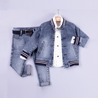 Wholesale Baby Boys 3-Piece Denim Jacket Set with Pants and Shirt 6-24M Gold Class 1010-1206 - Gold Class