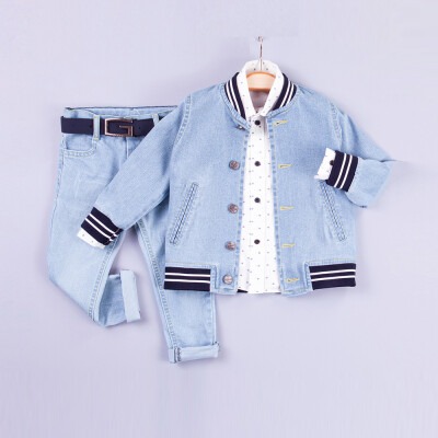 Wholesale Baby Boys 3-Piece Denim Jacket Set with Pants and Shirt 6-24M Gold Class 1010-1206 Ice blue
