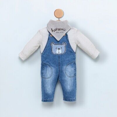 Wholesale Baby Boys 3-Piece Denim Overalls Set with Shirt and Scarf 6-18M Cumino 1014-CMN3379 - 1