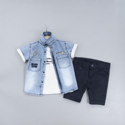 Wholesale Baby Boys 3-Piece Denim Shirt Set With T-Shirt And Shorts 6-24M Gold Class 1010-1310 - Gold Class