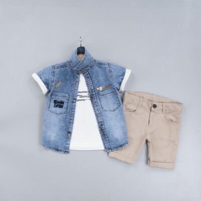Wholesale Baby Boys 3-Piece Denim Shirt Set With T-Shirt And Shorts 6-24M Gold Class 1010-1310 - 2