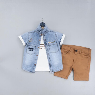 Wholesale Baby Boys 3-Piece Denim Shirt Set With T-Shirt And Shorts 6-24M Gold Class 1010-1310 - 3