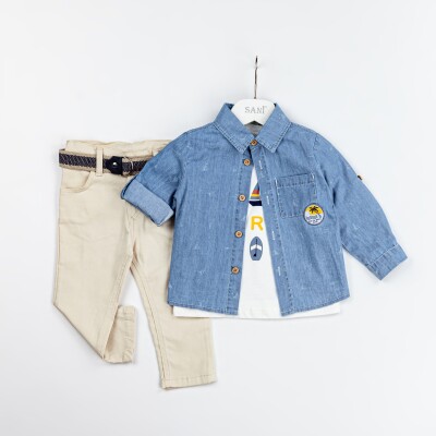 Wholesale Baby Boys 3-Piece Denim Shirt T-Shirt and Pants Set 9-24M Sani 1068-9913 Beige