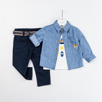 Wholesale Baby Boys 3-Piece Denim Shirt T-Shirt and Pants Set 9-24M Sani 1068-9913 - Sani