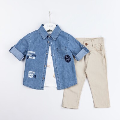Wholesale Baby Boys 3-Piece Denim Shirt T-Shirt and Pants Set 9-24M Sani 1068-9916 Beige