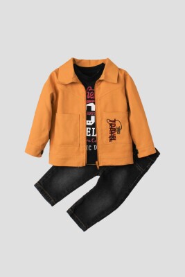 Wholesale Baby Boys 3-Piece Jacket, Bodysuit and Denim Pants Set 9-24M Takım Kidexs 1026-90133 Mustard
