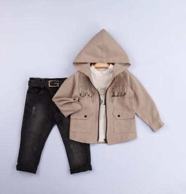 Wholesale Baby Boys 3-Piece Jacket Set with T-Shirt and Denim Pants 6-24M Gold Class 1010-1249 Beige