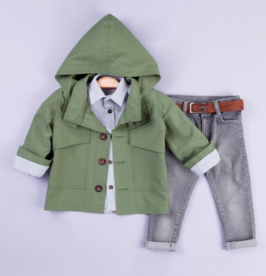 Wholesale Baby Boys 3-Piece Raincoat Set with Shirt and Denim Pants 6-24M Gold Class 1010-1204 Green