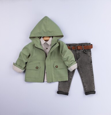 Wholesale Baby Boys 3-Piece Raincoat Set With Shirt and Denim Pants 6-24M Gold Class 1010-1205 - 2