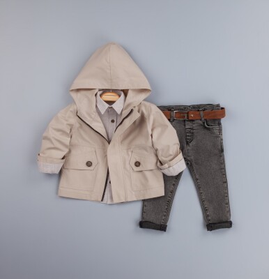 Wholesale Baby Boys 3-Piece Raincoat Set With Shirt and Denim Pants 6-24M Gold Class 1010-1205 - Gold Class