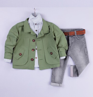Wholesale Baby Boys 3-Piece Raincoat Set with Shirt and Denim Pants 6-24M Gold Class 1010-1254 - 2