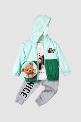 Wholesale Baby Boys 3-Piece Raincoat Set with T-shirt and Pants 9-24M Kidexs 1026-90120 Mint Green 