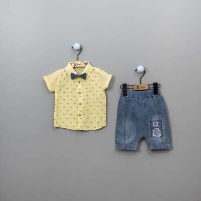 Wholesale Baby Boys 3-Piece Shirt Set with Denim Shorts and Bowtie 6-18M Kumru Bebe 1075-3815 Жёлтый 