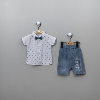 Wholesale Baby Boys 3-Piece Shirt Set with Denim Shorts and Bowtie 6-18M Kumru Bebe 1075-3815 Синий