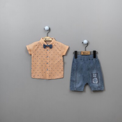Wholesale Baby Boys 3-Piece Shirt Set with Denim Shorts and Bowtie 6-18M Kumru Bebe 1075-3815 - 1