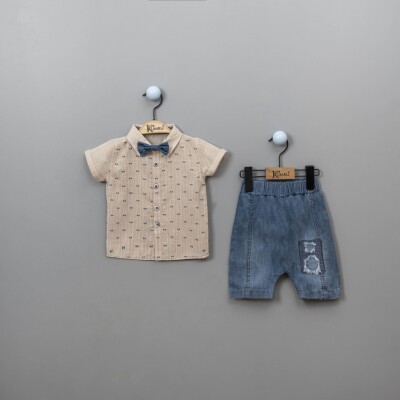 Wholesale Baby Boys 3-Piece Shirt Set with Denim Shorts and Bowtie 6-18M Kumru Bebe 1075-3815 - 2
