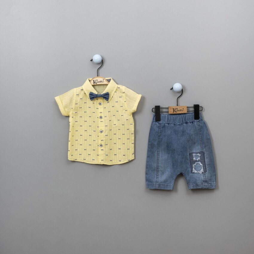 Wholesale Baby Boys 3-Piece Shirt Set with Denim Shorts and Bowtie 6-18M Kumru Bebe 1075-3815 - 3
