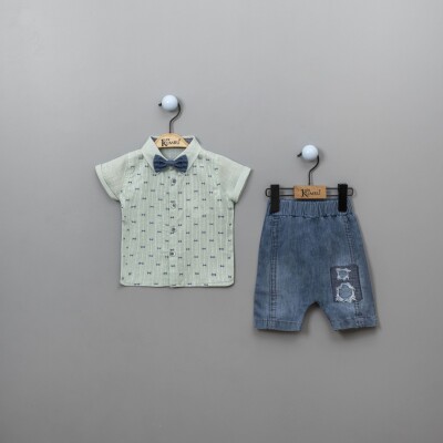 Wholesale Baby Boys 3-Piece Shirt Set with Denim Shorts and Bowtie 6-18M Kumru Bebe 1075-3815 - 5