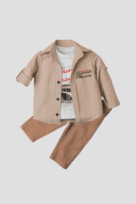 Wholesale Baby Boys 3-Piece Shirt Set with Pants and T-Shirt 9-24M Kidexs 1026-90128-2 Beige