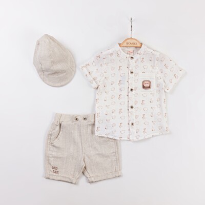 Wholesale Baby Boys 3-Piece Shirt, T-Shirt and Hat Set 3-12M Minibombili 1005-6740 Beige