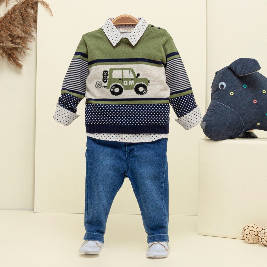 Wholesale Baby Boys 3-Piece Sweater Shirt and Denim Pants Set 9-24M Babymuz 2009-5154 - 2