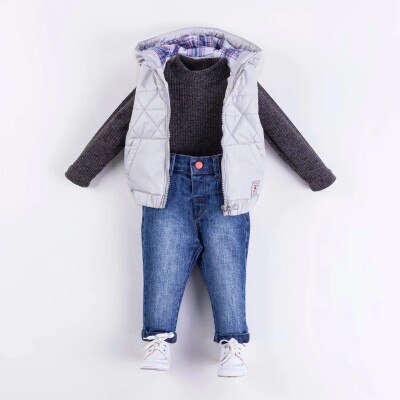 Wholesale Baby Boys 3-Piece Vest, Sweatshirt and Denim Pants Set 9-24M Minibombili 1005-6536 - 1