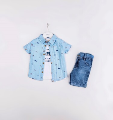 Wholesale Baby Boys 3-Pieces Shirt, T-shirt and Denim Short Set 9-24M Sani 1068-9934 - Sani (1)