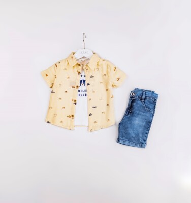 Wholesale Baby Boys 3-Pieces Shirt, T-shirt and Denim Short Set 9-24M Sani 1068-9934 Sarı