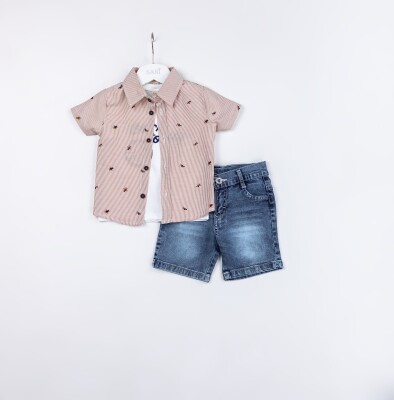 Wholesale Baby Boys 3-Pieces Shirt, T-shirt and Denim Short Set 9-24M Sani 1068-9937 Черепичный цвет