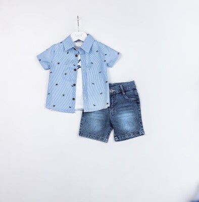 Wholesale Baby Boys 3-Pieces Shirt, T-shirt and Denim Short Set 9-24M Sani 1068-9937 - Sani