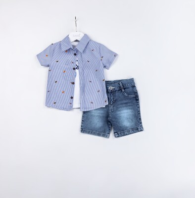Wholesale Baby Boys 3-Pieces Shirt, T-shirt and Denim Short Set 9-24M Sani 1068-9937 Lacivert