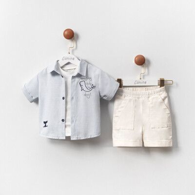 Wholesale Baby Boys 3-Pieces Shirt, T-shirt and Short Set 9-24 AY Cumino 1014-CMN3460 Blue